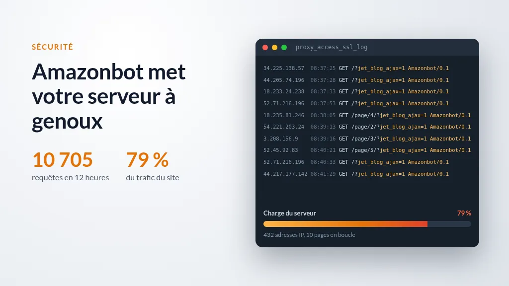 Amazonbot : 10 705 requêtes en 12 heures sur un seul site, extrait de journal d'accès