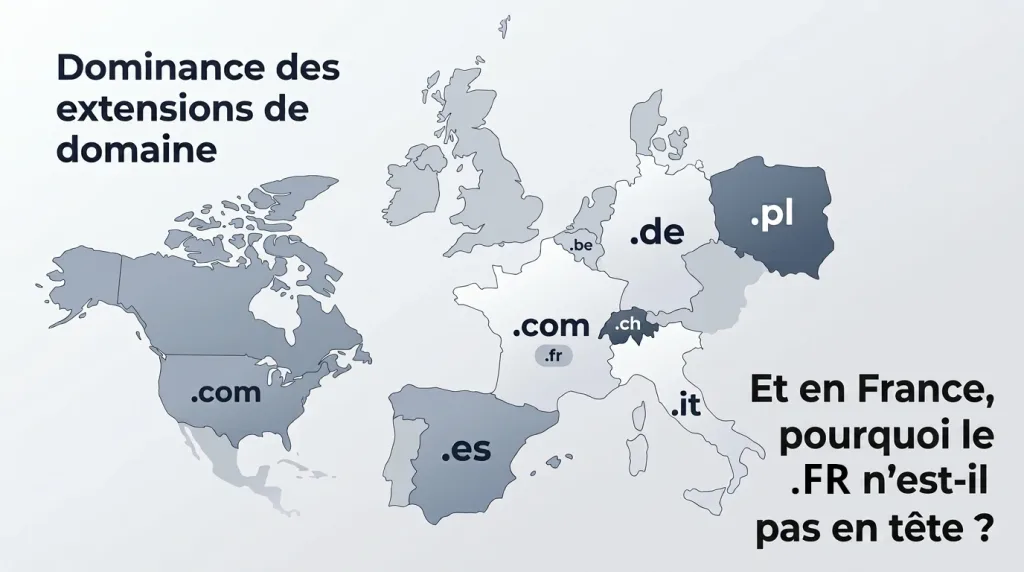 Carte de la dominance des extensions de domaine en Amérique du Nord et en Europe